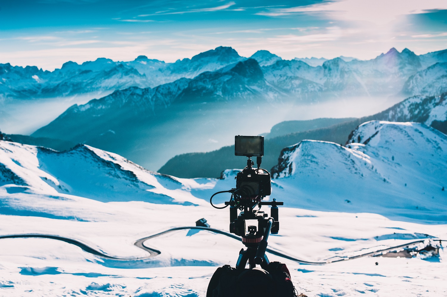 Video production on a snowy mountain