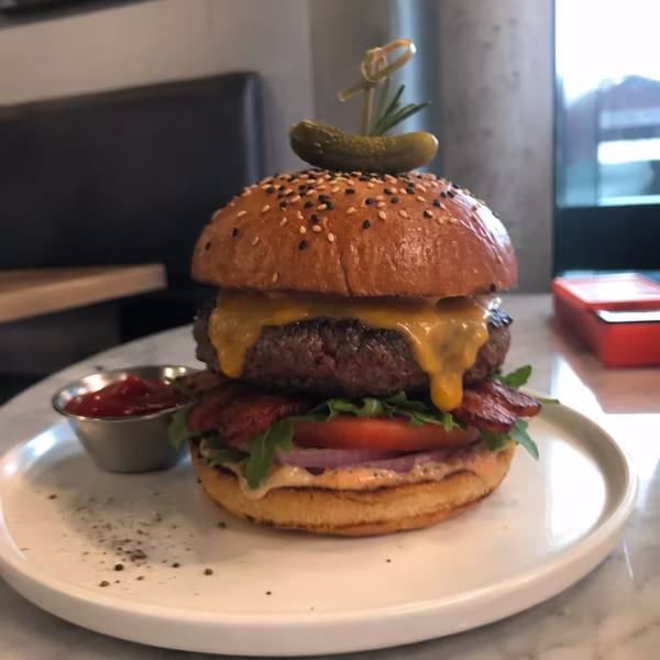 Before: Gourmet burger with melted cheese — professional food shoot