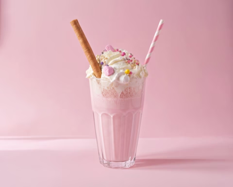 Strawberry milkshake topped with cream, sprinkles and a wafer roll — camera move generated from one still