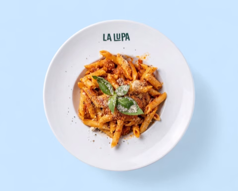 Penne in tomato sauce with basil and parmesan on a branded plate — camera move generated from one still