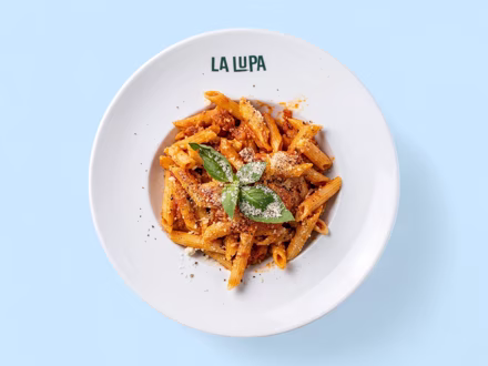 Penne in tomato sauce topped with basil, shot from above — menu photography for listings