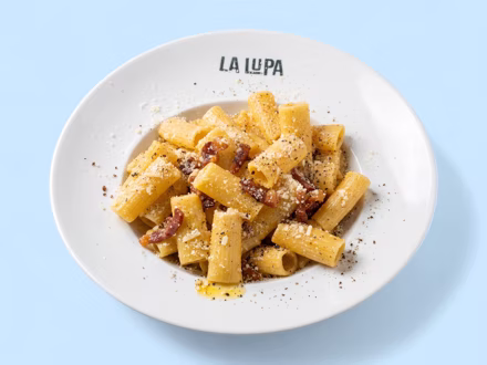 Rigatoni with guanciale and pecorino, shot from above — menu photography for listings