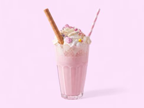 Strawberry milkshake topped with cream and sprinkles — menu photography for delivery listings