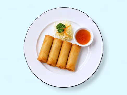 Vegetable spring rolls with sweet chilli dip and salad garnish — menu photography for delivery listings