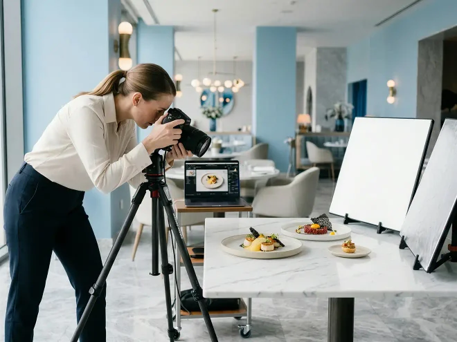 Professional photographer on location at a venue shoot